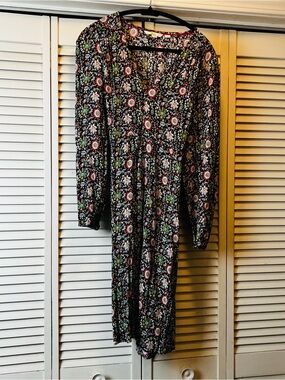 Boden Black Floral V‑Neck Long Sleeve Midi Dress with Green and Red Accents